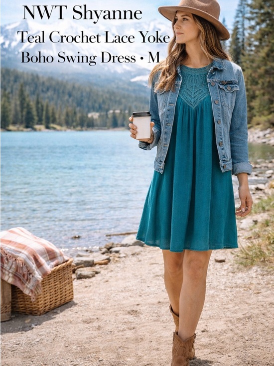 Shyanne Dresses & Skirts - NWT Shyanne Teal Crochet Lace Yoke Boho Swing Dress M